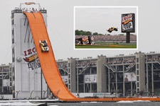 Hot Wheels used the Indianapolis 500 as thesetting for a stunt that sent a driver down alife-size version of the famed orange track.