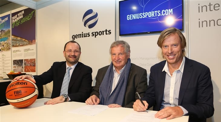 From left to right: FIBA Secretary General and International Olympic Committee (IOC) Member, Patrick Baumann; International Basketball Foundation President and Honorary FIBA President, Yvan Mainini; Genius Sports Chief Commercial Officer Nick Maywald. 